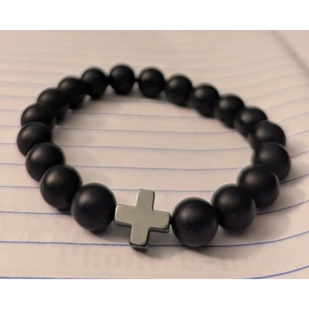 Men's Hematite Cross 10mm Black Beaded Bracelet